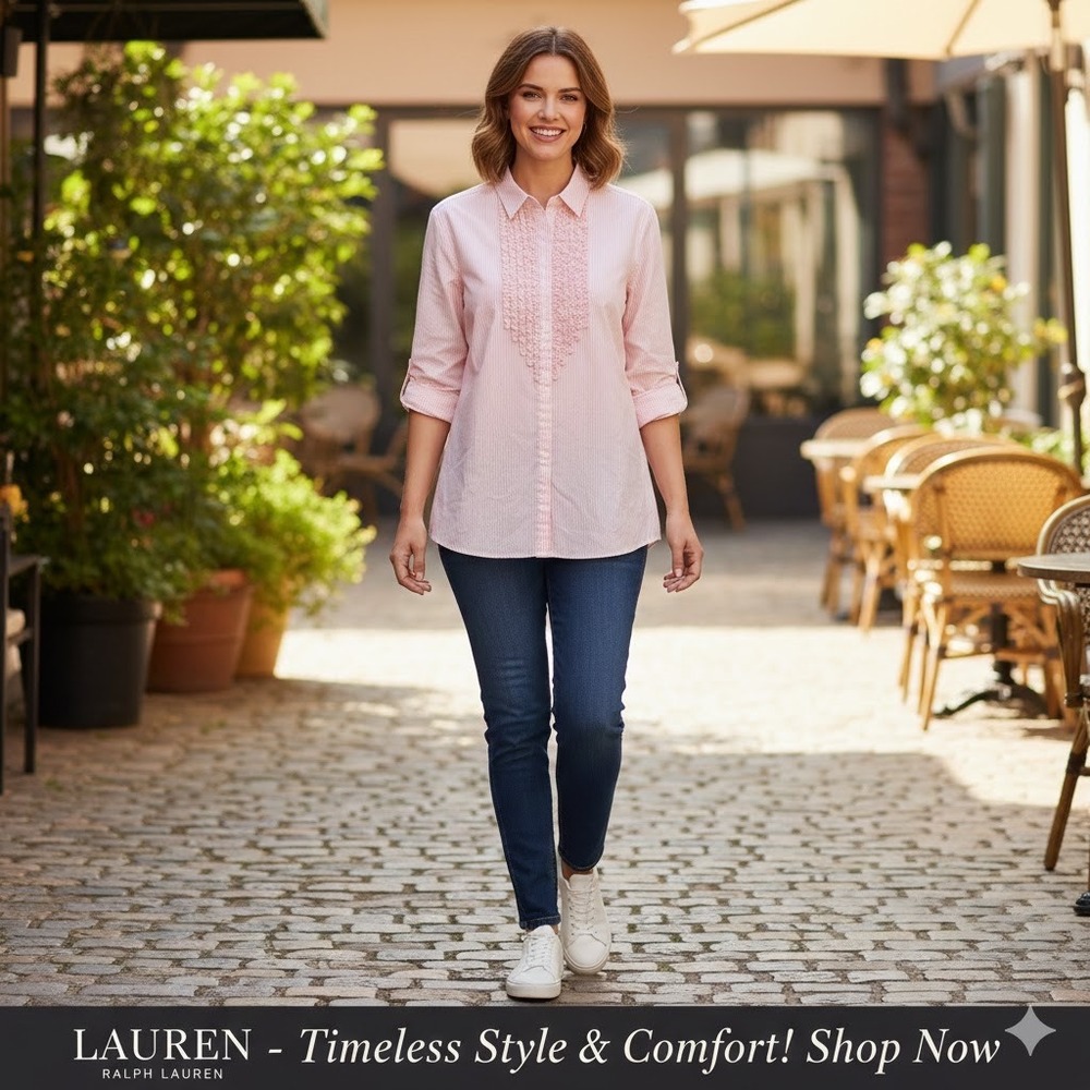 Lauren Ralph Lauren Peach White Striped Ruffle Bib Button Down Shirt Womens 2X